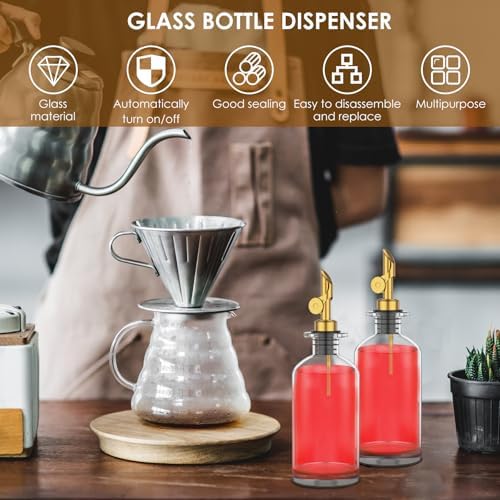 4Pack 11.8oz/350ml Oil Dispenser Bottle for Kitchen, Glass Olive Oil and Vinegar Dispenser Set, Soy Sauce Dispenser with Wooden Tray & Labels & Replacement Spouts & Pumps