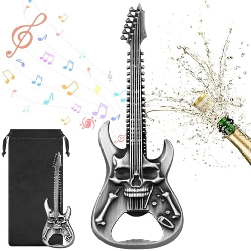 Skull Guitar Bottle Opener, Beer Opener with Gift Bag, Portable Bottle Opener, Father Birthday Gifts, Christmas Gifts for Men, Women, Boyfriend, Dad, Guitar Lovers, Silver