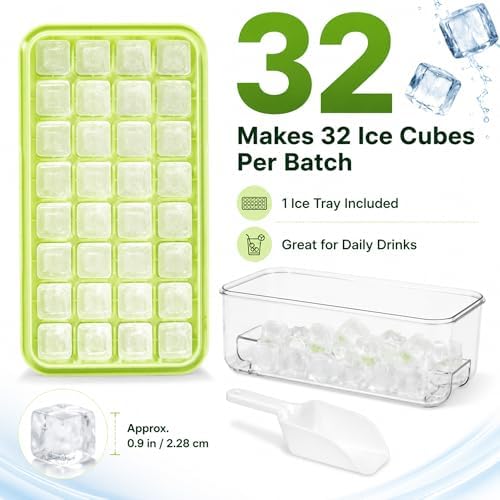Ice Cube Tray with Lid and Bin - 32-Cube BPA-Free Silicone Ice Mold Set - Easy Press-Release, Compact Single-Layer Design, No-Spill, Odor-Resistant, Ice Scoop Included - Perfect for Freezers, RVs