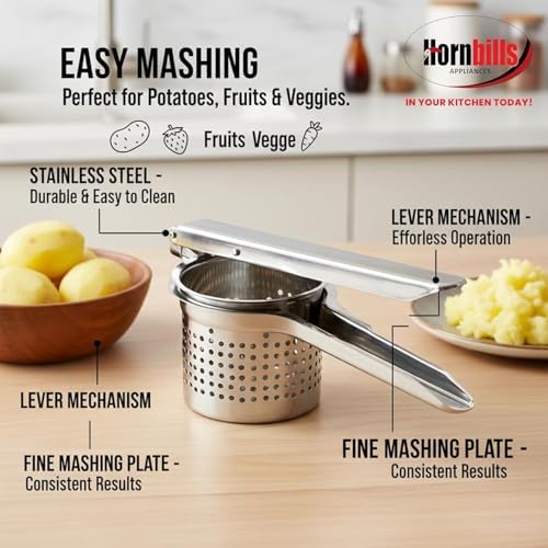 Stainless Steel Potato Ricer & Masher | Heavy-Duty Hand Press for Mashed Potatoes, Sweet Potatoes, Pumpkin & Baby Food | Ergonomic Kitchen Tool