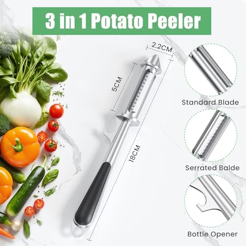 Universal Potato Peeler for Kitchen, 3 in 1 Peeler/Julienne Slicer/Bottle Opener, Sharp Vegetable and Fruit Peeler with Swivel Blade and Ergonomic Handle, Zinc Alloy