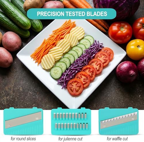 DINM Handheld Mandoline Slicer for Kitchen – Stainless Steel Vegetable Slicer with 3 Interchangeable Blades, Safety Food Holder, Potato, Cucumber & Carrot Cutter
