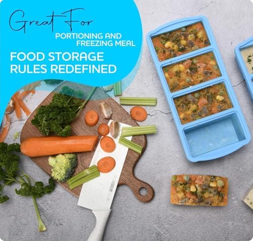 ZIP STANDING Silicone Freezer Trays with Lid,1-cup Soup Freezer Container large Ice Cube Molds with Reinforced Steel Ring Top for freezing Soup Sauce Broth Leftovers oven Dishwasher -Safe(3-Pack)