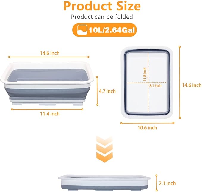 Goderewild Collapsible Dish Pans – 10L (2.6 Gal) Foldable Sink Tub, 14.5'' x 10.5'' x 5", Compact and Space-Saving Multiuse Foldable Basin for Dish Washing, Camping, RV and Vegetable Cleaning