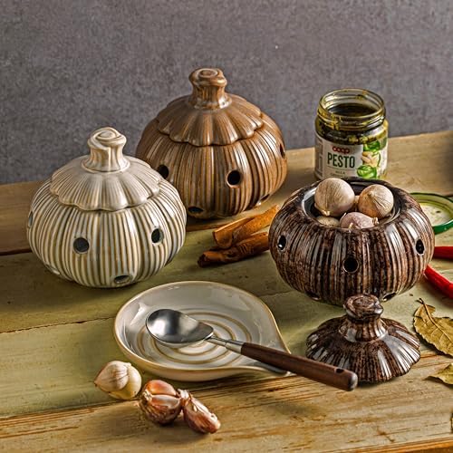 Ceramic Garlic Keeper Jar and Lid, Large Garlic Holder Storage