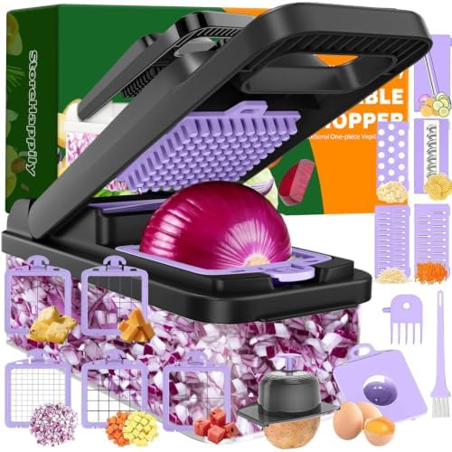 15-in-1 Vegetable Chopper 10 Blades, Veggie Cutter with Handle, Black/Purple