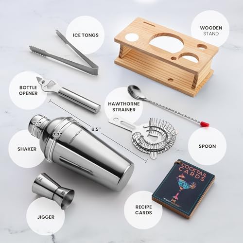 Modern Mixology Cocktail Shaker Set - Bartender Kit with Pine Stand | Leak-Proof Design | Includes Martini Shaker, Jigger, Strainer, Spoon, Tongs | Perfect Bar Tools Gift for Home Mixology (Silver)