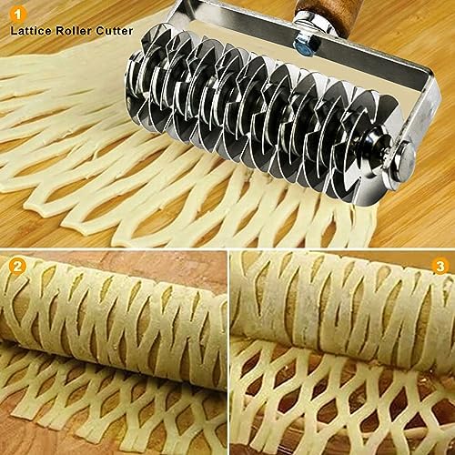 Pastry Lattice Roller Cutter, Stainless Steel Dough Cutter Wheel with Wood Handle for Beef Wellington Pie Crust Pizza Bread