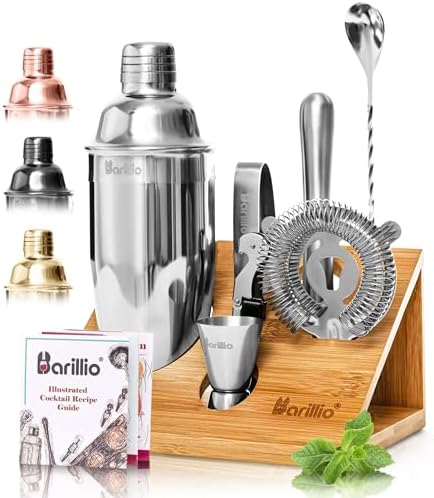 Barillio Bartender Kit - Stainless-Steel Cocktail Shaker Set with Bamboo Stand - Mixology Bar Tools w/Shaker, Drink Mixer Spoon & Muddler for Cocktails - Home Bar Accessories - 10-Pc Bar Set - Silver
