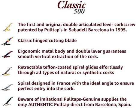 Pulltap's Genuine Classic 500 Waiter's Corkscrew – Double-Hinged Wine Key with Hinged Foil Cutter – Patented Design – Made in Spain – Bordeaux (Burdeos)