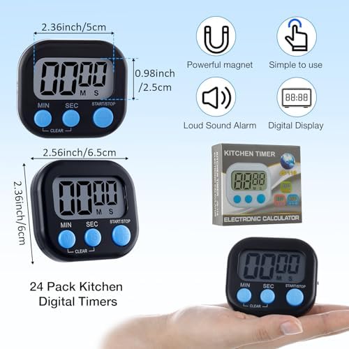 Leumoi 24 Pack Multi-Function Digital Timers with Magnetic Back, Large LCD Display, Loud Alarm, Count up & Countdown, Memory Function for Cooking, Classroom, Study, Exercise & Work(Black and Blue)