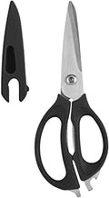 Farberware 4-in-1 Kitchen Scissors with Black Handle, High-Carbon Stainless Steel Shears with Jar Opener, Bottle Opener and Screwdriver, Kitchen Shears for Food Prep