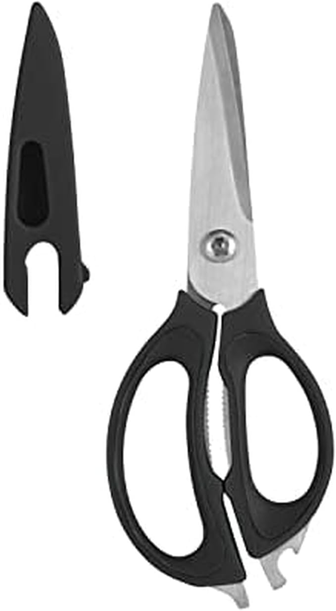 Farberware 4-in-1 Kitchen Scissors with Black Handle, High-Carbon Stainless Steel Shears with Jar Opener, Bottle Opener and Screwdriver, Kitchen Shears for Food Prep
