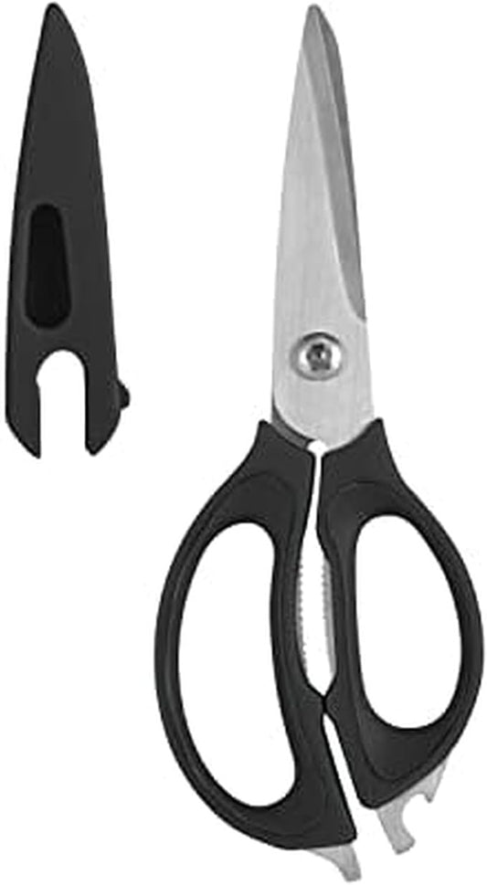 Farberware 4-in-1 Kitchen Scissors with Black Handle, High-Carbon Stainless Steel Shears with Jar Opener, Bottle Opener and Screwdriver, Kitchen Shears for Food Prep