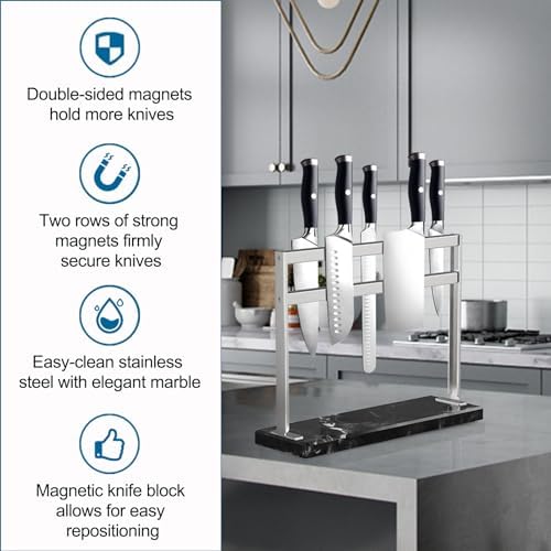 YIIYIIN Magnetic Knife Block with Marble Base - Double Sided Magnetic Knife Stand - Magnetic Knife Holder - Kitchen Knife Storage - Knife Holders for Counter Top - Black