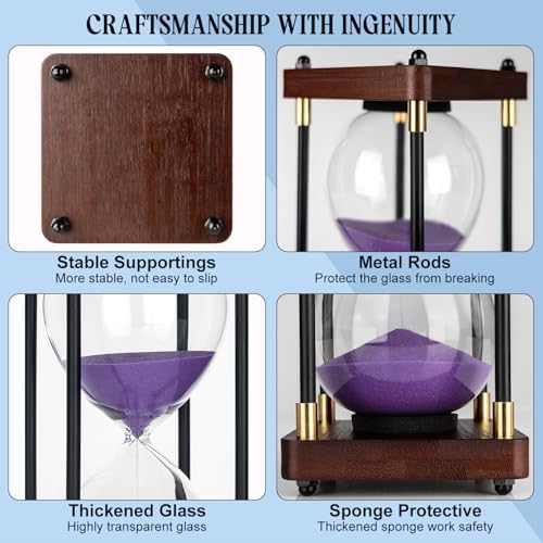 60 Minutes Sand Hourglass Timer, Vintage Sand Clock 60 Minutes, Large White Sander with Wooden End Caps, Hour Glass Sandglass Timer for Games Classroom Kitchen Decor (Purple Sand)