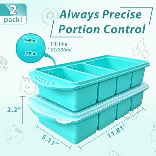 Silicone Freezer Trays with Lid for Food- 4 Large 1-Cup (250ml) 2 Pack, Ice Cube Tray Easy Release and Food Storage, Freezer Molds for Meal Prepping, Soup, Sauces, Stews and Leftovers