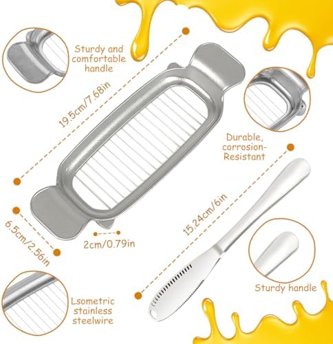 Stainless Steel Butter Slicer Cutter with 2 Butter Knives – Hand Held Ergonomic Butter Cutter for Stick Butter & Soft Cheese, 3 in 1 Easy Butter Spreader Knife for Cold Butter Slicing & Spreading