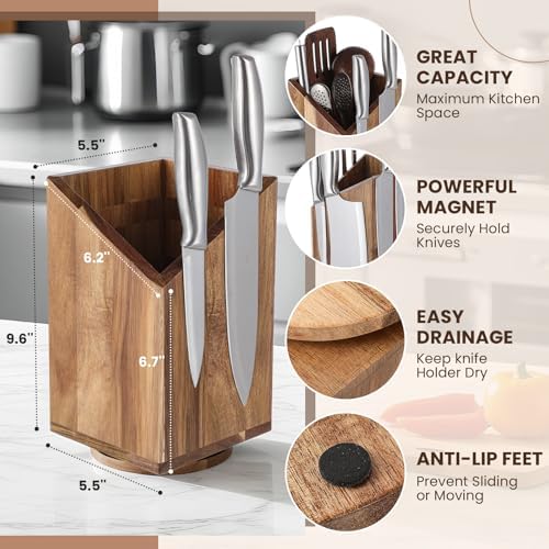 Magnetic Knife Block Without Knife Wood Utensil Holder 360° Rotatable Magnetic Knives Holder Organizer 9.65 x 5.5 Inches Universal Magnet Organizer Large Acacia Wood Kitchen Farmhouse Countertop Cook