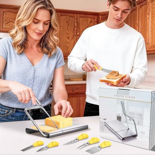 Heavy Duty Cheese Slicer for Block Cheese with 6Pcs Cheese Knife Set, Stainless Steel Cheese Cutter Board with Precise Measuring Grid and Non-Slip Feet, Dishwasher Safe