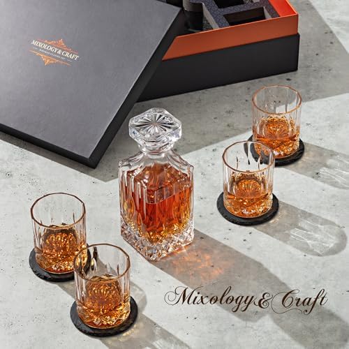 Mixology & Craft Luxury Whiskey Decanter Gift Set - 25oz Crystal Decanter, 4 Old-Fashioned Glasses, 4 Slate Coasters with Diamond Pattern Premium Black Gift Box