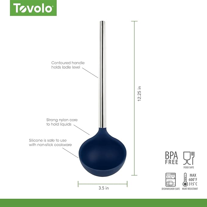 Tovolo Silicone Ladle With Stainless Steel Handle Deep Soup Ladle for Cooking Canning Serving Soup Punch Stew Sauce, Large Kitchen Utensil Spoon Dishwasher Safe BPA Free Silicone Deep Indigo
