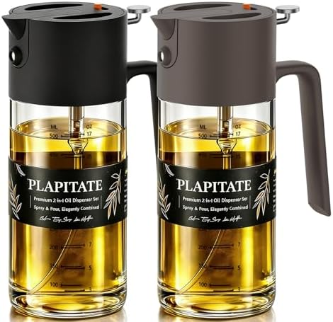 PLAPITATE 2Pcs 17oz Premium Olive Oil Sprayer for Cooking, 2 in 1 Glass Olive Oil Dispenser Bottle for Kitchen Gadgets, Spray Bottle with Portion Control for Salad, Frying, BBQ (Black & Gray)