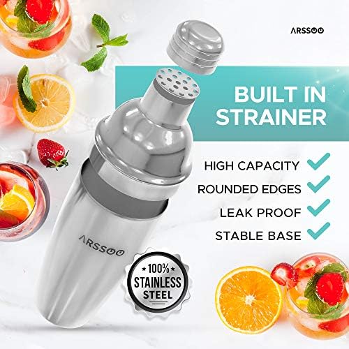 Cocktail Shaker Set: 7-Piece Stainless Steel 25.3OZ Martini Shaker Mixology Bartender Kit | Perfect Home Professional Bar Tools for Beginner's Drink Mixing & Gifts | ARSSOO Drink Shaker Gift (Silver)