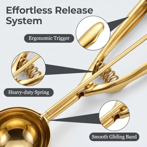 Gold Ice cream spoon,cookie Scoop Set,Stainless steel ice cream scoop with trigger release,3 Sizes (L size)