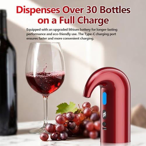 Fathers Day Gift Electric Wine Aerator & Dispenser – 1-Touch Instant Aeration, Precision Pouring & Temp Display – USB Rechargeable Gift Edition for Parties, Holidays & Wine Lovers (Red)