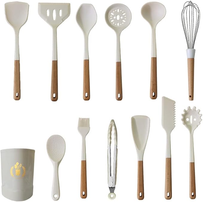 1pcs White Silicone Solid Turner with Wooden Handle, Heat Resistant Kitchen Utensils Spatulas, Ideal Cookware for Frying, Baking, Flipping, Turning, Fish, Eggs, Meat.