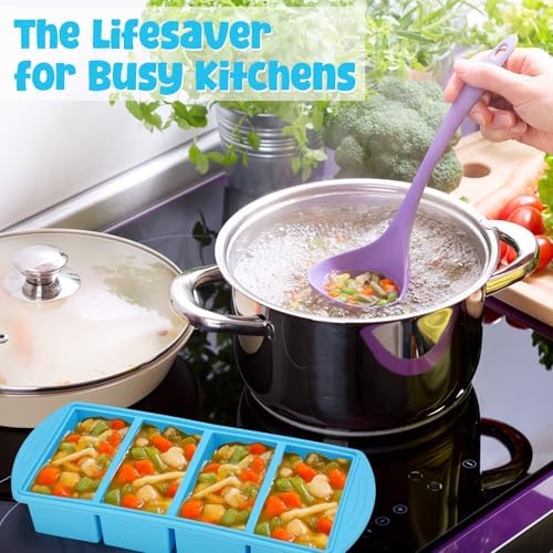 4 Pack Silicone Freezer Trays with Lid, 1/5, 1/2, 1, and 2 Cup Soup Freezer Molds Set Stainless Steel Frame Ice Cube Tray for Meal Prep Freezing Soup Stews Sauces Oven Microwave Safe(Blue)