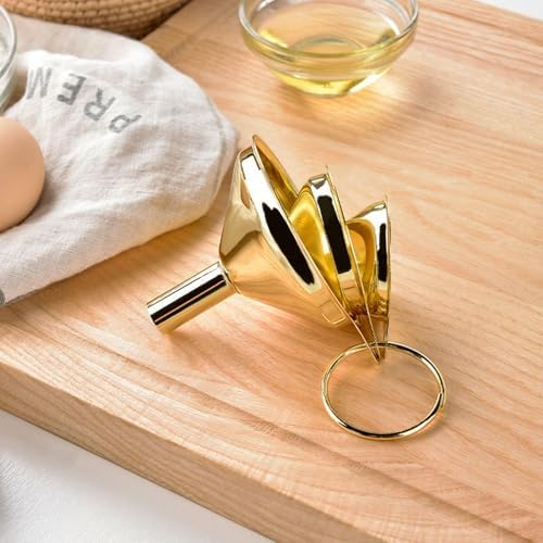 Canning Funnel, 3 Pieces Gold Stainless Steel Funnel Set Kitchen Funnel Set for Transferring Essential Oils Liquid Fluid Spice Dry Ingredients Powder