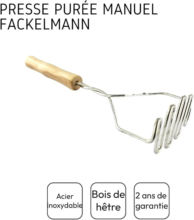 Fackelmann 521417 Manual Masher, Vegetable Press, Professional Potato Masher, Vegetable Crusher, Wood, Stainless Steel, 29 x 9.5 x 5.5 cm, Brown