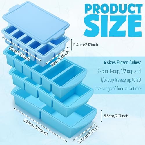 4 Pack Silicone Freezer Trays with Lid, 1/5, 1/2, 1, and 2 Cup Soup Freezer Molds Set Stainless Steel Frame Ice Cube Tray for Meal Prep Freezing Soup Stews Sauces Oven Microwave Safe(Blue)