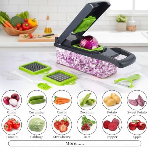 14-in-1 Vegetable Chopper with Container & Interchangeable Blades – Veggie & Onion Chopper, Food Dicer, Mandoline Slicer for Kitchen, Vegetable Slicer for Fast Meal Prep