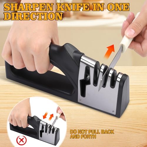 4-in-1Manual Knife Sharpener Suitable for kitchen knives, fruit knives, steel knives, scissors, and 3-level precision sharpening.Non slip base, suitable for home use (black) (1)