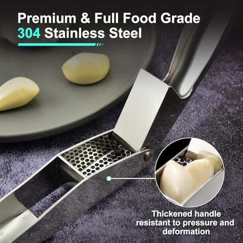 Garlic Press, Stainless Steel Garlic & Ginger Crusher, with Built-In Cleaner, Rust Resistant, No Peel, Large Capacity, Easy Clean，Dishwasher Safe，Silver