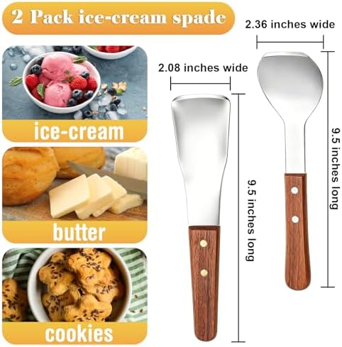 Yesland Ice Cream Scoop Set 2 Pack, Stainless Steel Ice Cream Spade with Wooden Handle, Heavy Duty Flat Paddle for Hard Frozen Dessert, Butter Cutter Cake Scraper for Kitchen Home Commercial Use
