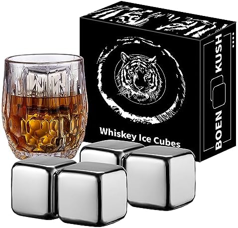 4 Large Whiskey Stones 64 cm³ (4 cu in) - Man Gift Set - Reusable Stainless Steel Metal Ice Sphere Cubes Beverage Chilling Rocks Whiskey Stones for Red Wine, Bar Beer, Scotch, Vodka Drinks - Silver