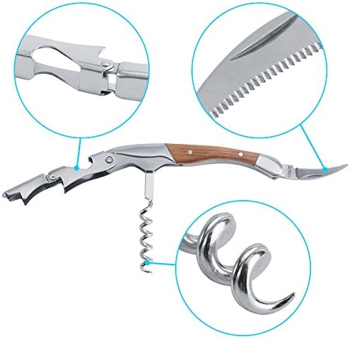 Waiter's Corkscrew Wine Opener, 3 in 1 Wooden Handle Wine Key with Foil Cutter and Bottle Opener, Professional Manual Wine Bottle Opener for Bartenders and Restaurant Servers