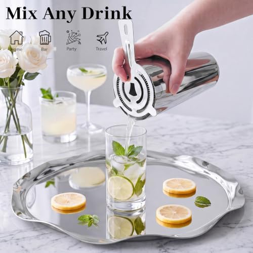 Boston Cocktail Shaker Set, 18 oz & 28 oz 2-Piece Tins, 304 Stainless Steel Bartender Kit 5-Piece Bar Tool Set with Recipe Book, Perfect for Novices & Pros, Home and Bar Use (Silver)