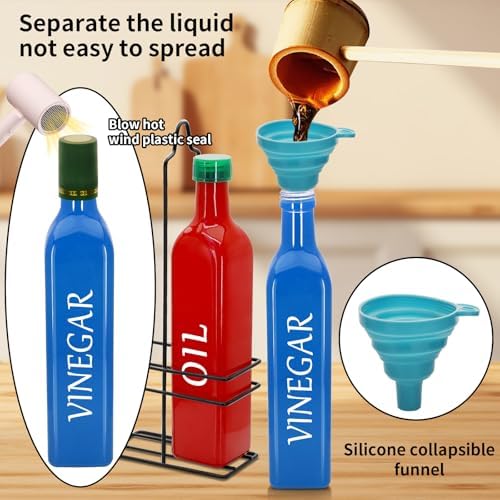 Farmhouse Oil and Vinegar Dispenser Set, 17 oz, beautiful olive oil dispenser, includes a black steel rack and a funnel, vintage cruets for vinegar and oil (Red Oil & Blue Vinegar)