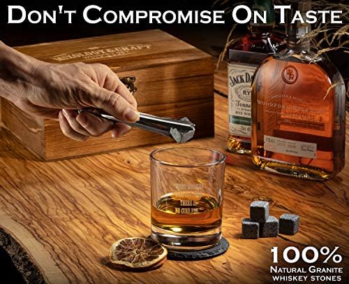 Mixology & Craft Whiskey Stones Gift Set for Men, 10 oz Whiskey Glasses w/ 8 Granite Chilling Rocks, 2 Coasters, Metal Tong & Cocktail Cards in Wooden Box - Round (Pack of 2)