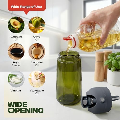 PORTENTUM Olive oil spray bottle for cooking 16oz/470ml 2 in 1 spray and pour function – Anti drip green glass bottle dispenser with light protection – Multilingual labels – Air fryer salads grilling