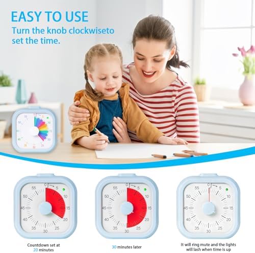 Visual Timer for Kids 60 Minute Countdown Timer Rainbow Square Desktop Timer for Classroom Study Office Kitchen with Silent Operation (Blue)