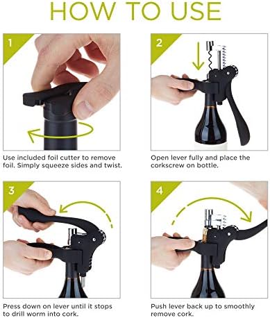 True Virtuoso Easy Lever Corkscrew Wine Opener Manual, Stainless Steel Corkscrew Wine Opener with Foil Cutter and Ergonomic Soft Touch Handle, Black