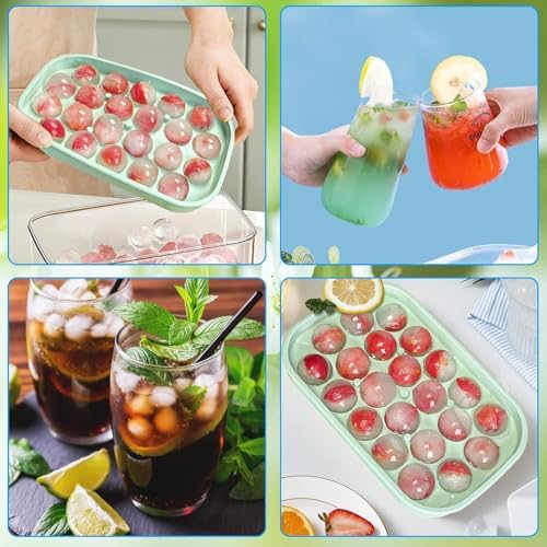 Ice Cube Tray, 2 Pack Silicone Ice Balls Maker with Lid BPA Free Easy-Release Ice Cube Trays for Freezer, DIY Homemade Round Ice Cubes for Whiskey, Cocktails, Coffee (Green)