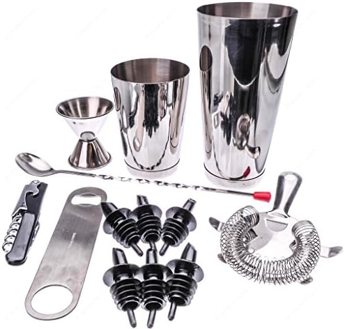 M.V. Trading BRST13 13 Piece Stainless Steel Professional Bar Set (2 Cocktail Shakers, Jigger, Speed Opener, Waiters Corkscrew, Julep Strainer, Long bar spoon and 6 Black bottle pourers)