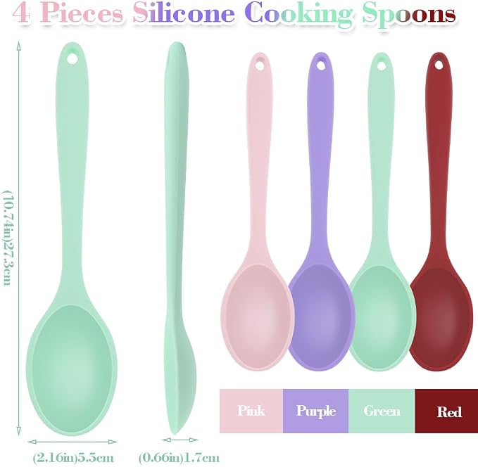Silicone Spoons for Cooking, 4 Pcs Large Serving Spoon Heat Resistant Cooking Spoon Utensils Nonstick Mixing Kitchen Spoons for Baking Serving Mixing and Stirring Dishwasher Safe,Red,Pink,Green,Purple